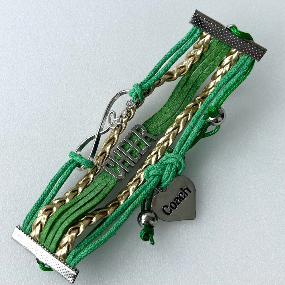 Cheer Multi Layer Bracelet Green with Heart and Infinity 8” Adjustable